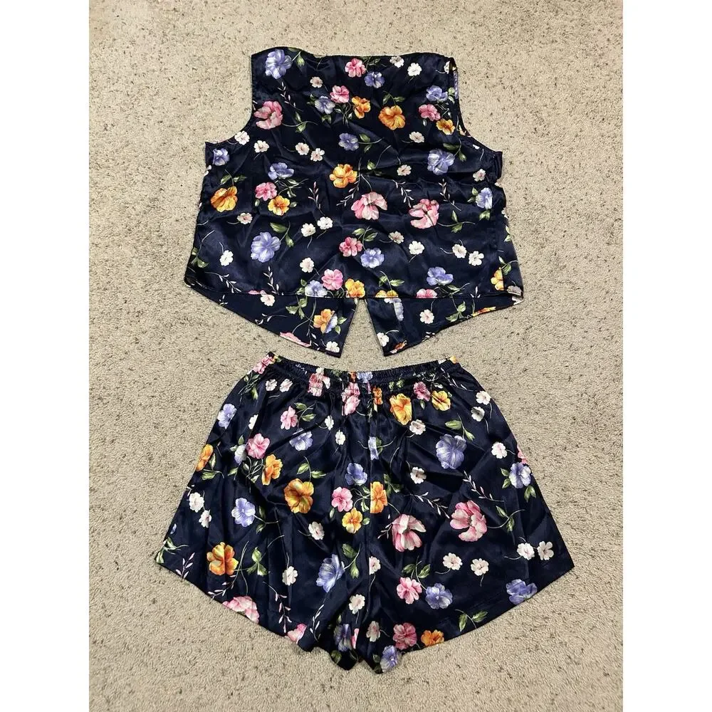 VTG Honors Intimates XL Pajama SET Top Sleep Shorts Silky Satin Navy Floral E25